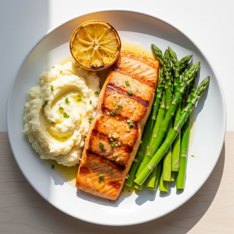 Grilled Salmon Fillet with Steamed Asparagus and Cauliflower Mash