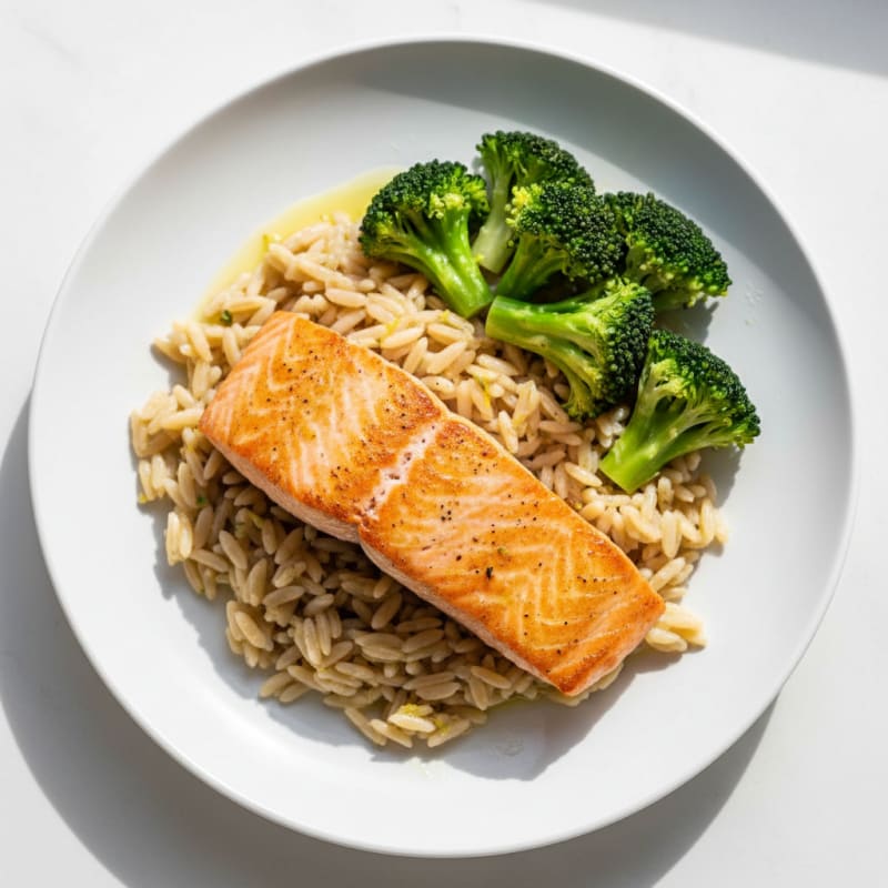 Seared Salmon with Lemon-Garlic Orzo and Steamed Broccoli