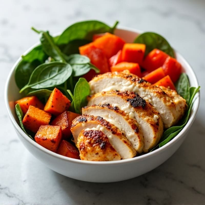 Grilled Chicken and Roasted Sweet Potato Power Bowl with Creamy Tahini Dressing