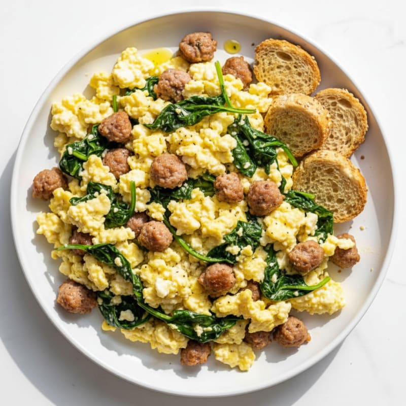 Cottage Cheese Scramble with Turkey Sausage and Spinach