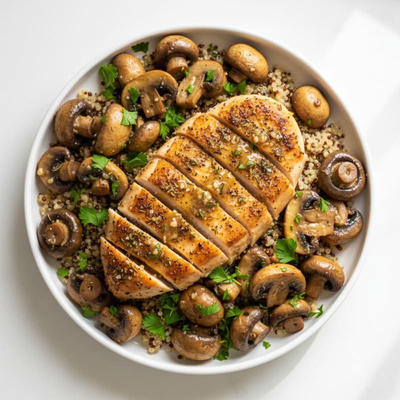 Garlic Butter Roasted Mushrooms with Herb-Crusted Chicken