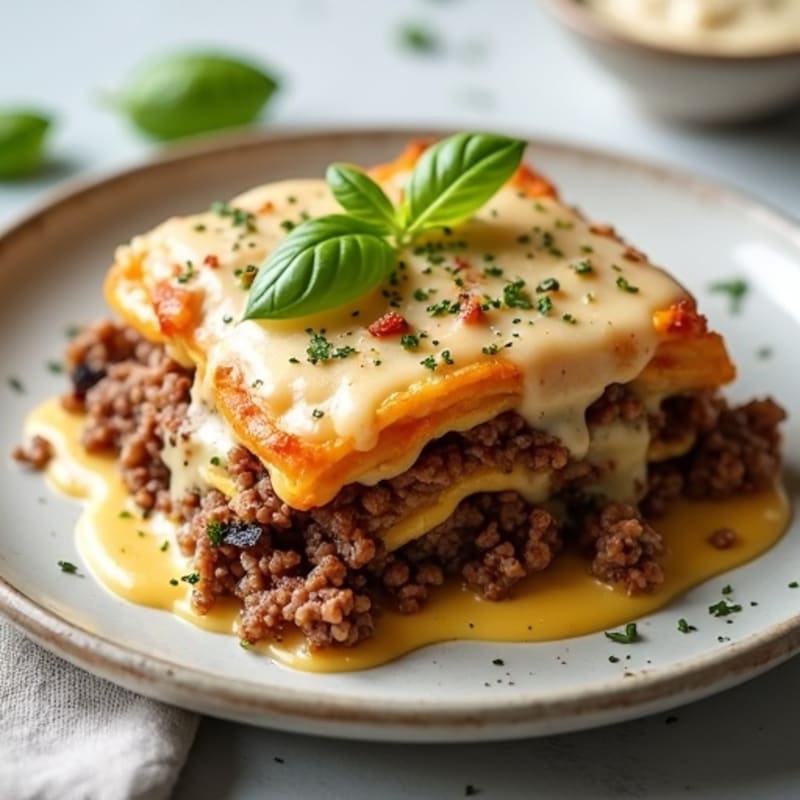 Layered Eggplant and Beef Casserole with Creamy Cashew Bechamel