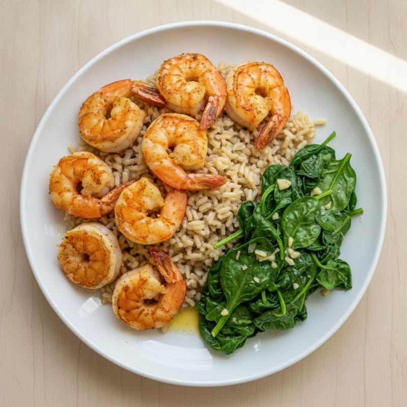 Pan Seared Shrimp with Garlic Spinach and Brown Rice