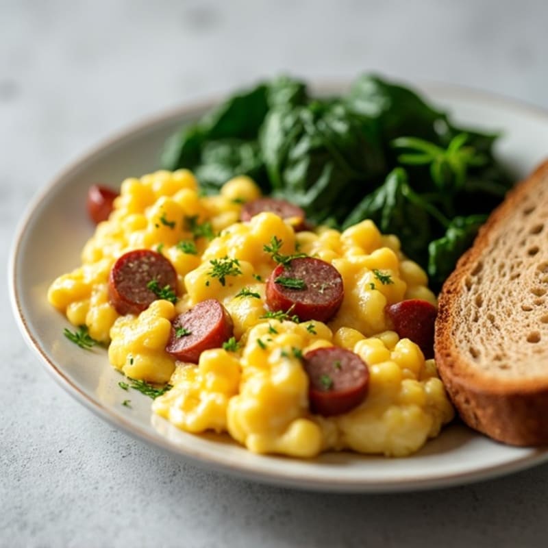 Egg White Scramble with Turkey Sausage and Sautéed Spinach