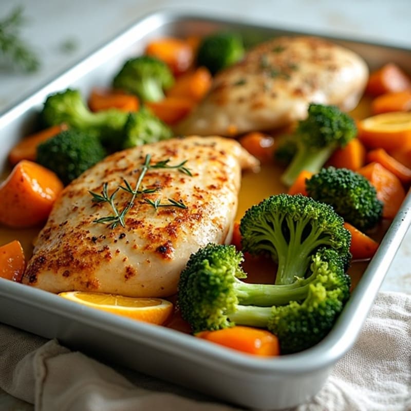 Sheet Pan Lemon-Herb Roasted Chicken with Crispy Broccoli and Sweet Potatoes