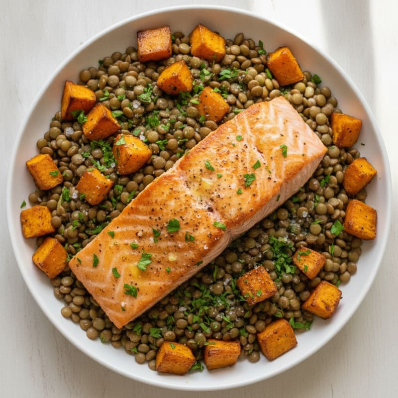 Pan-Seared Salmon with Roasted Sweet Potatoes and Lentils