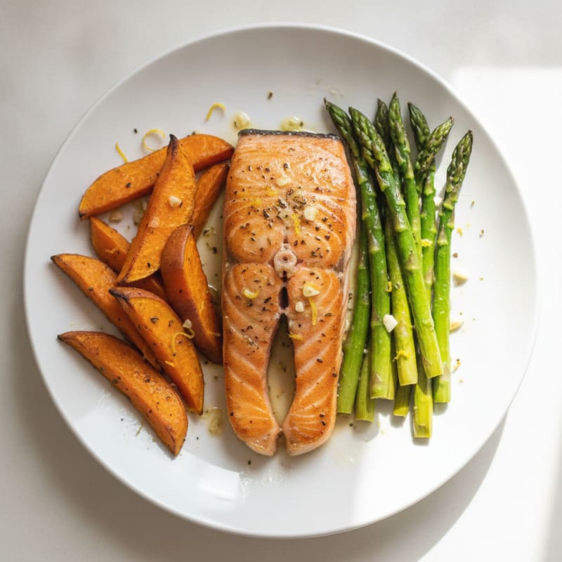 Seared Salmon Fillet with Roasted Sweet Potato and Asparagus