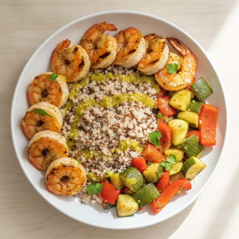 Grilled Shrimp and Quinoa Power Bowl with Roasted Vegetables