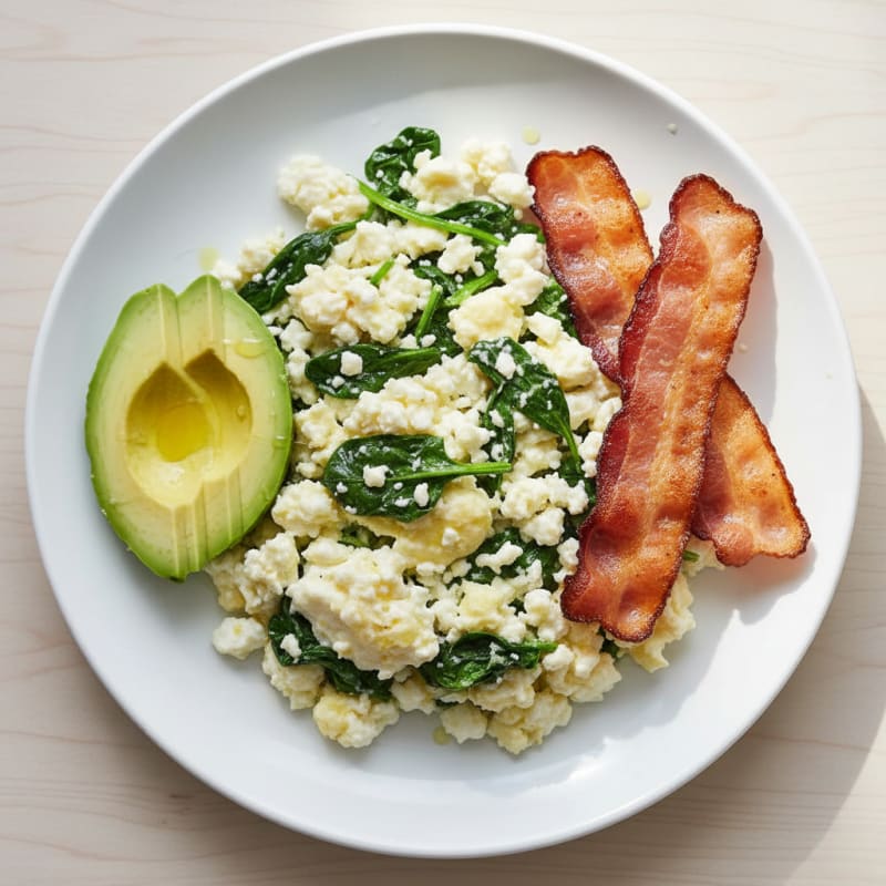 Cottage Cheese Scramble with Spinach and Turkey Bacon