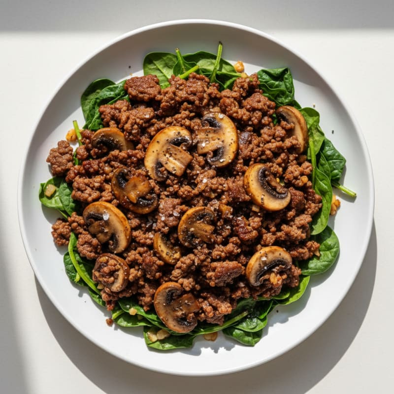 Beef and Mushroom Skillet with Sautéed Spinach