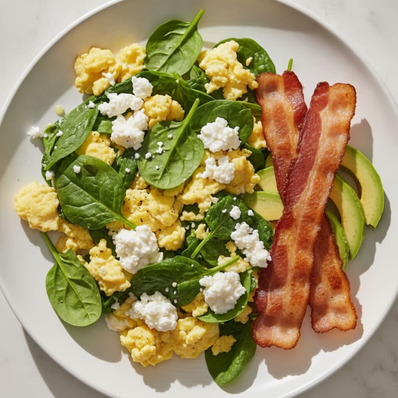 Cottage Cheese Scramble with Spinach and Turkey Bacon