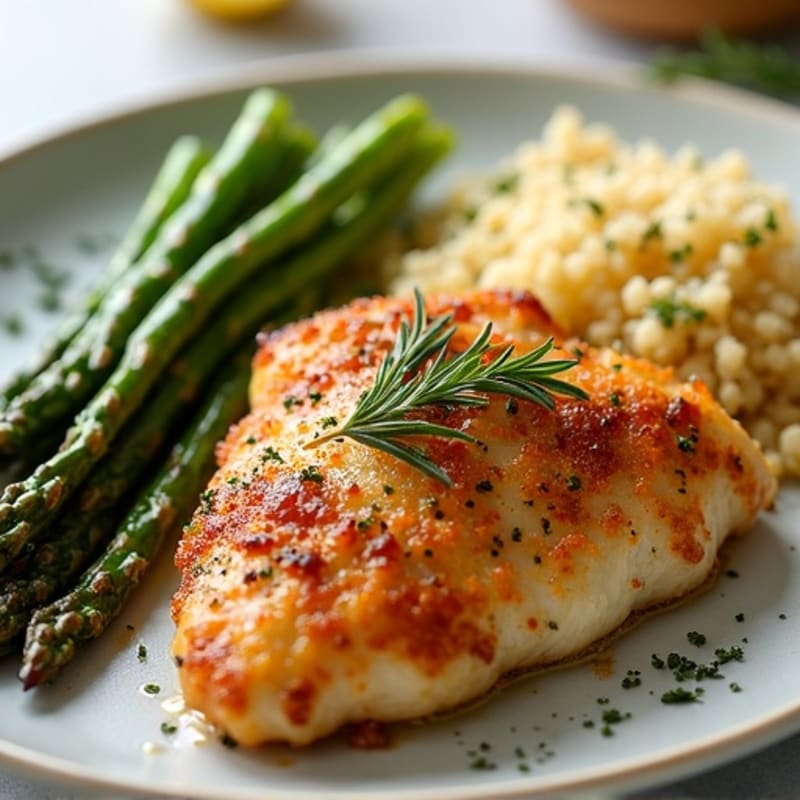 Crispy Lemon-Herb Roasted Chicken with Roasted Asparagus and Quinoa