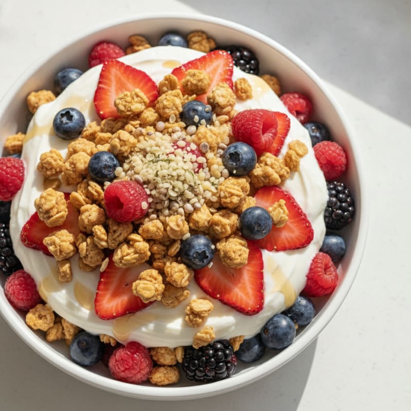 Greek Yogurt Parfait with Mixed Berries and Vanilla Protein Granola