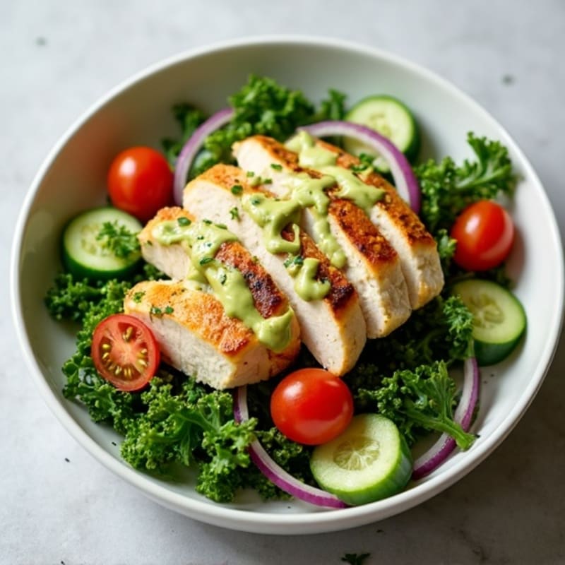 Crispy Kale Salad with Grilled Chicken and Creamy Avocado Dressing