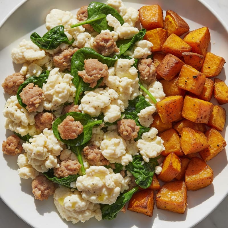 Egg White and Turkey Sausage Scramble with Spinach and Roasted Sweet Potato