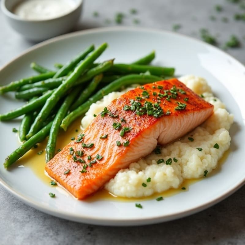 Seared Salmon with Garlic Green Beans and Cauliflower Mash