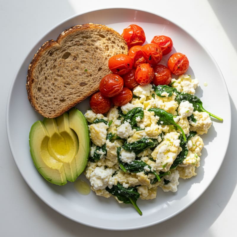 Egg White Spinach Scramble with Cottage Cheese and Cherry Tomatoes