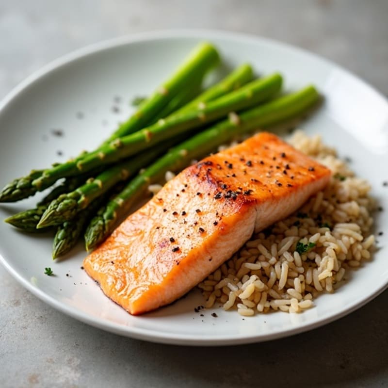 Seared Salmon with Steamed Asparagus and Brown Rice