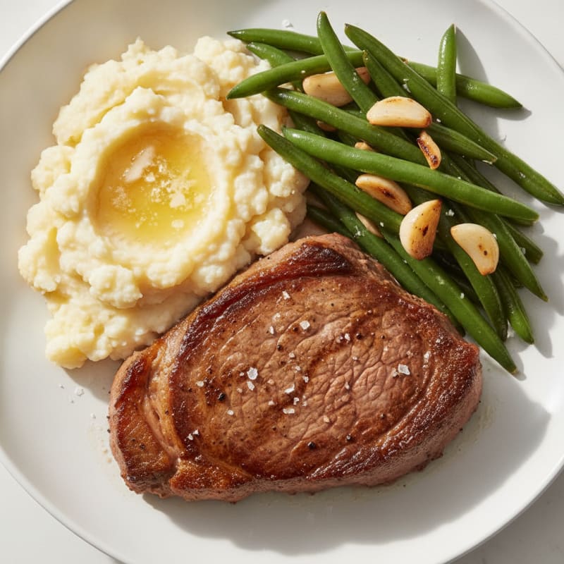 Seared Sirloin Steak with Garlic Green Beans and Mashed Cauliflower