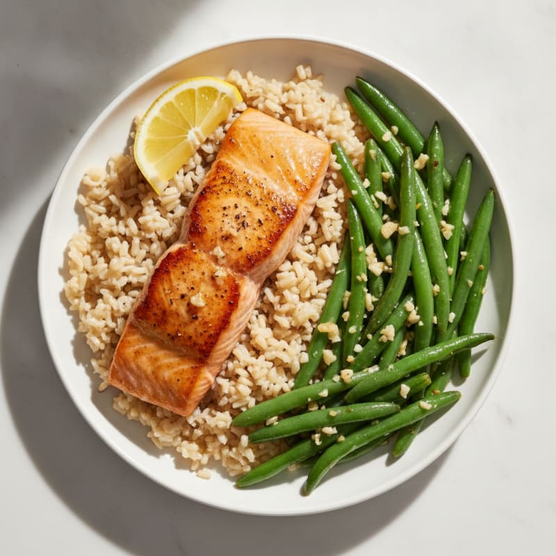 Seared Salmon with Garlic Green Beans and Brown Rice