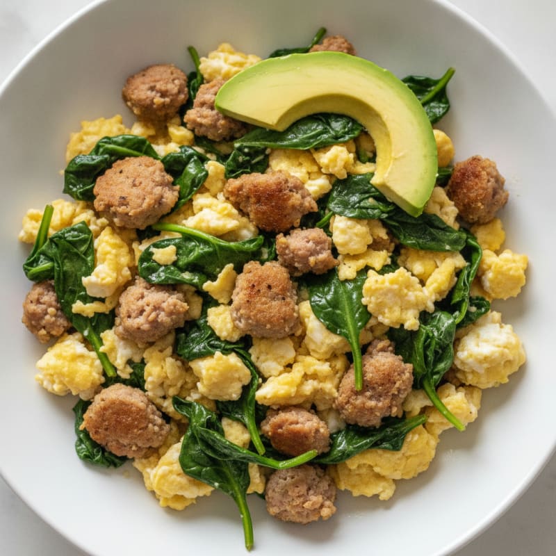 Egg White and Turkey Sausage Scramble with Sautéed Spinach
