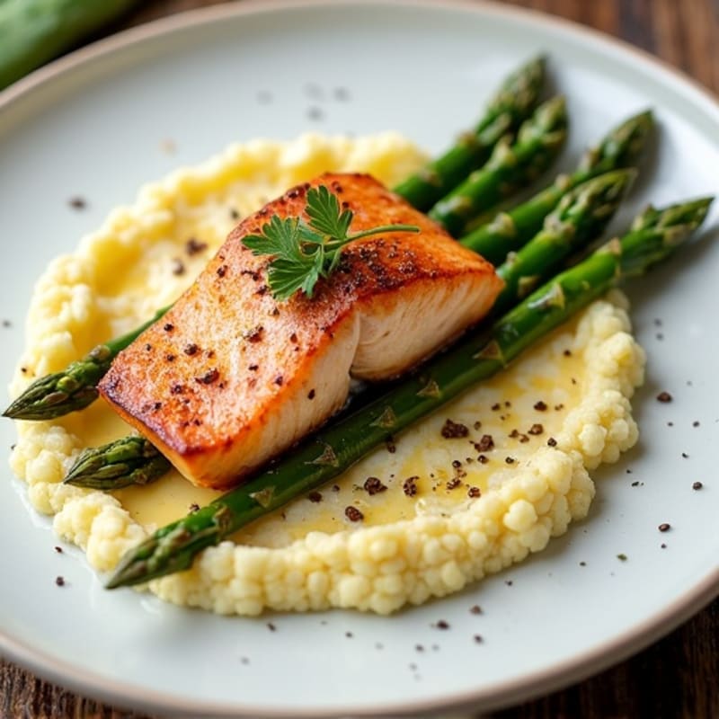 Seared Salmon with Roasted Asparagus and Garlic Cauliflower Mash