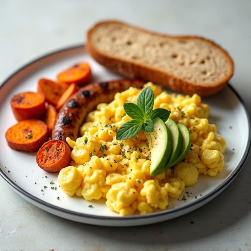 Egg White and Turkey Sausage Scramble with Roasted Sweet Potatoes