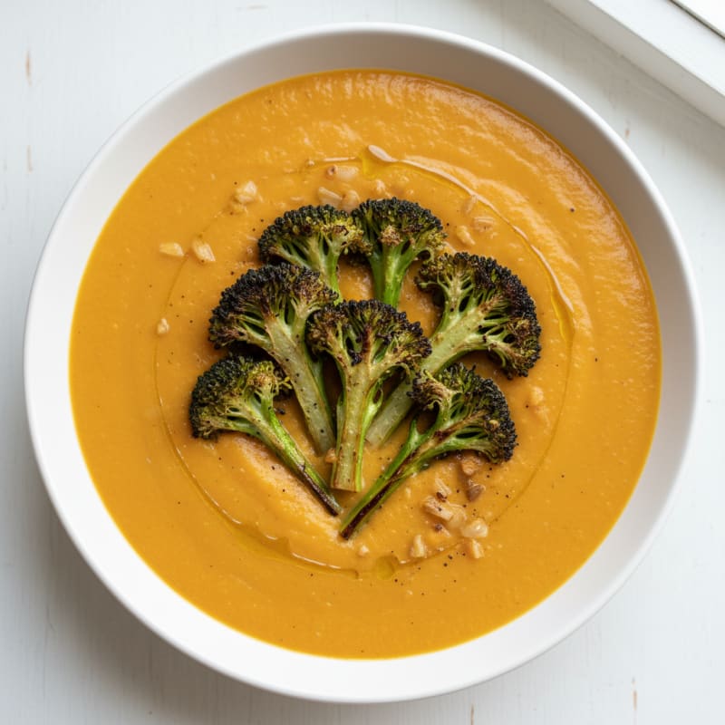 Silky Sweet Potato Soup with Roasted Broccoli