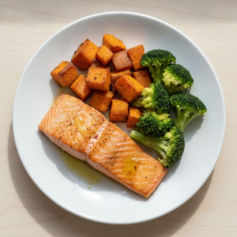 Seared Salmon Fillet with Roasted Sweet Potatoes and Steamed Broccoli