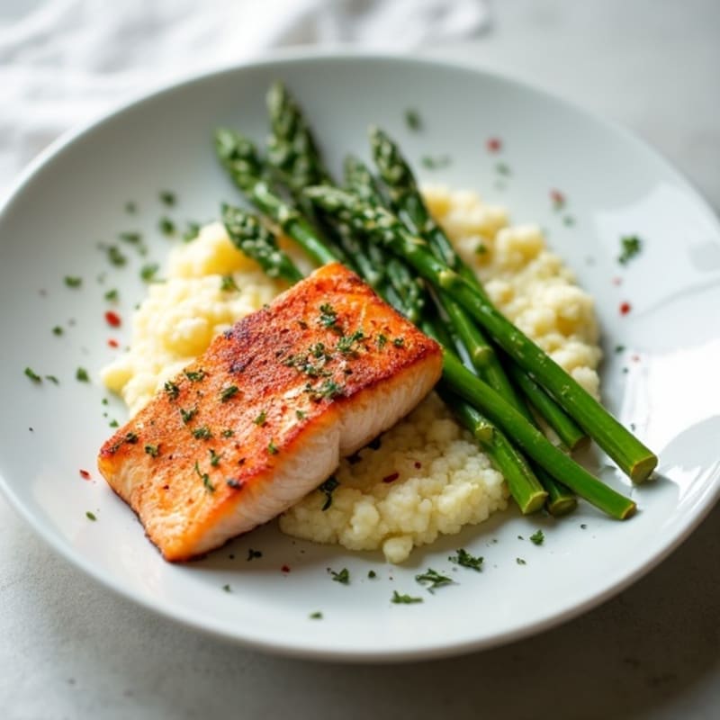 Seared Salmon Fillet with Steamed Asparagus and Garlic Cauliflower Mash
