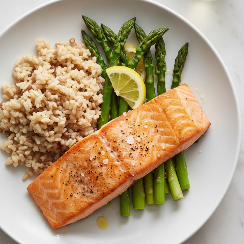 Seared Salmon with Steamed Asparagus and Brown Rice