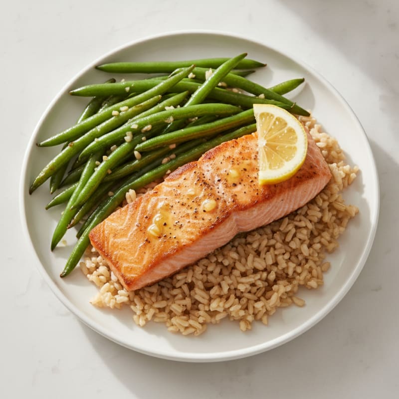 Seared Salmon Fillet with Garlic Green Beans and Brown Rice
