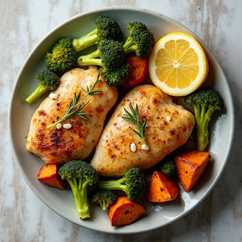 Sheet Pan Lemon Herb Chicken with Crispy Roasted Broccoli and Sweet Potatoes