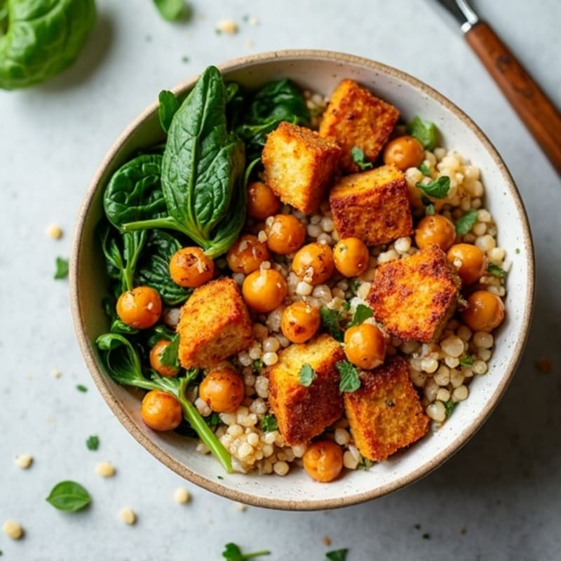 Crispy Tempeh and Quinoa Power Bowl with Roasted Chickpeas