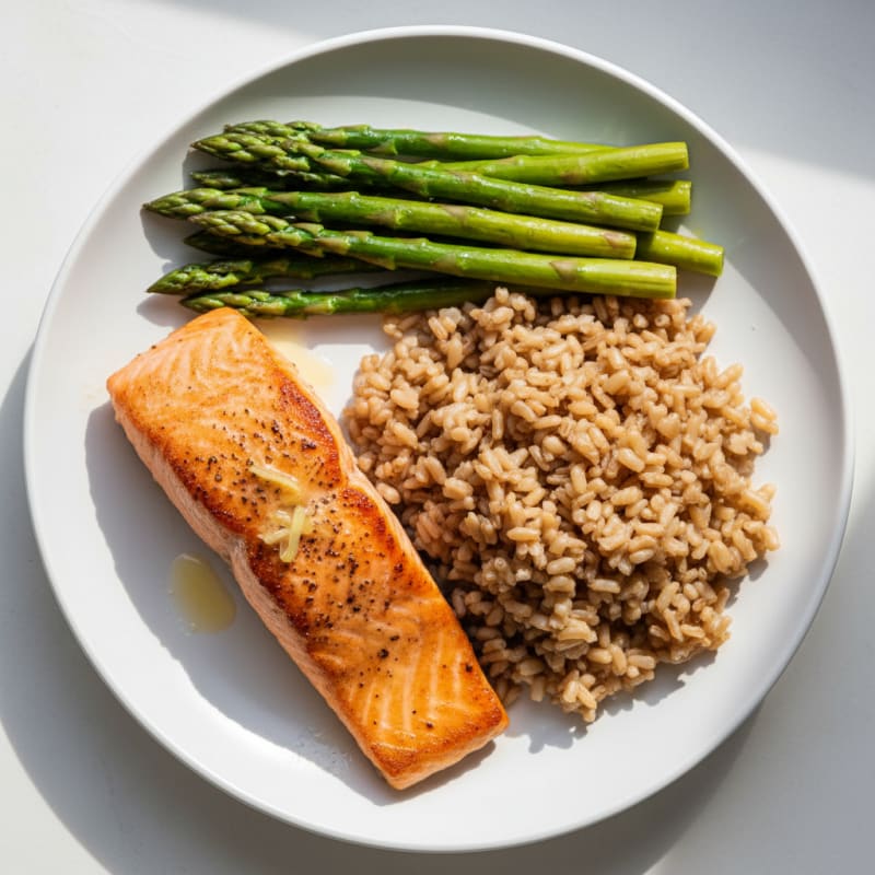 Seared Salmon with Steamed Asparagus and Brown Rice