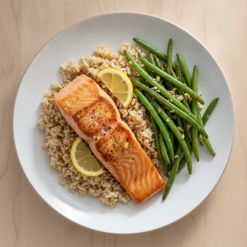 Seared Salmon Fillet with Garlic Green Beans and Brown Rice