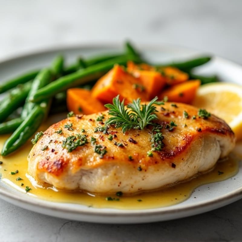 Lemon Garlic Baked Chicken Breast with Roasted Sweet Potatoes and Green Beans