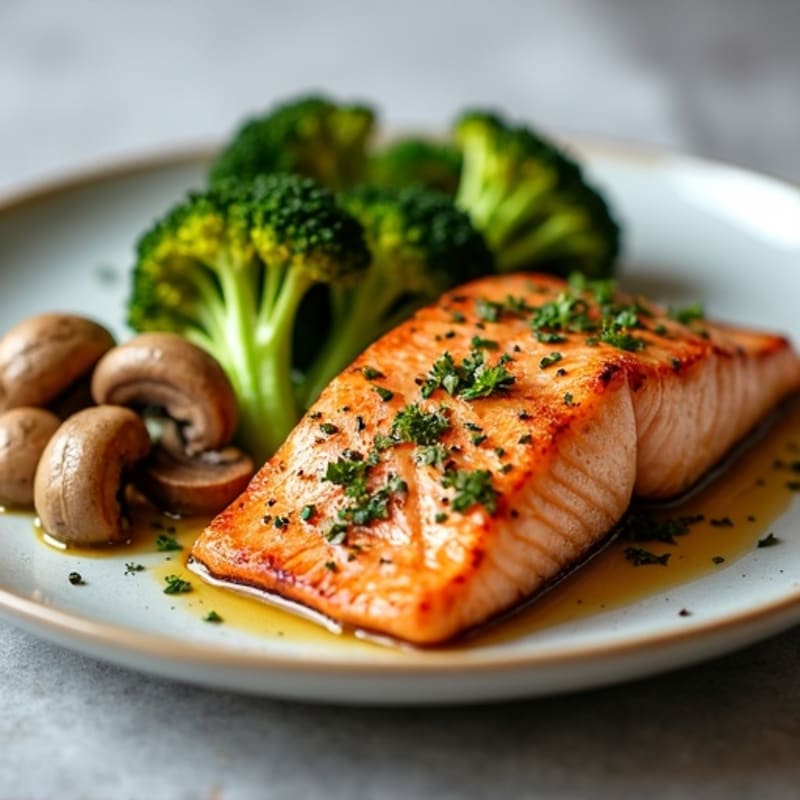 Seared Salmon with Roasted Broccoli and Garlic Butter Mushrooms
