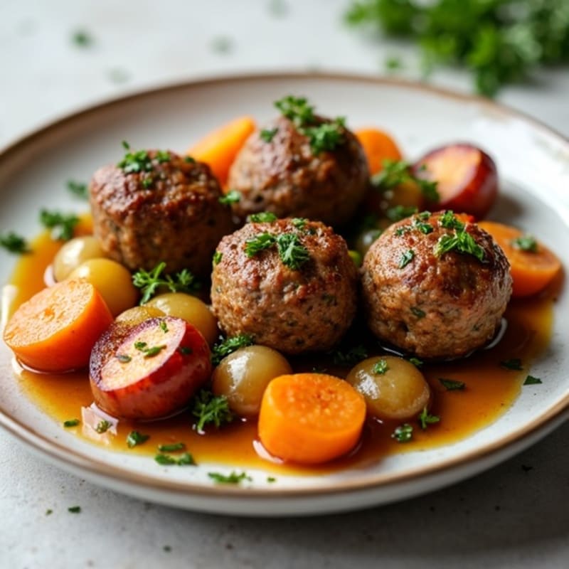 Herb-Seasoned Moose Meatballs with Roasted Root Vegetables