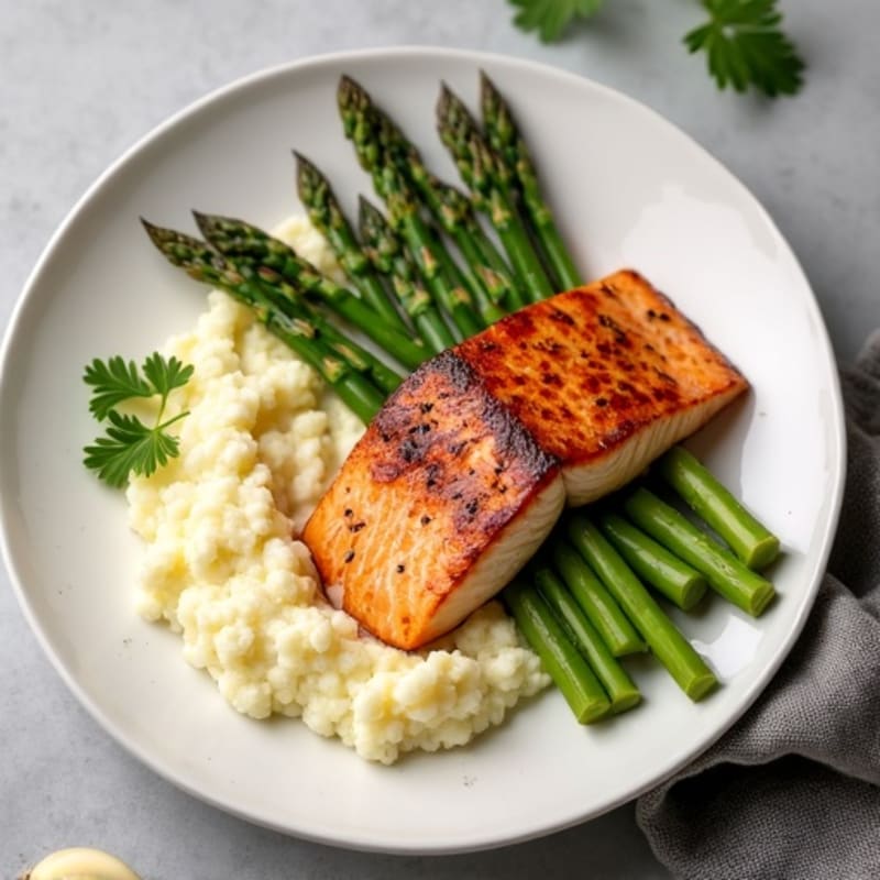 Seared Salmon with Steamed Asparagus and Garlic Cauliflower Mash
