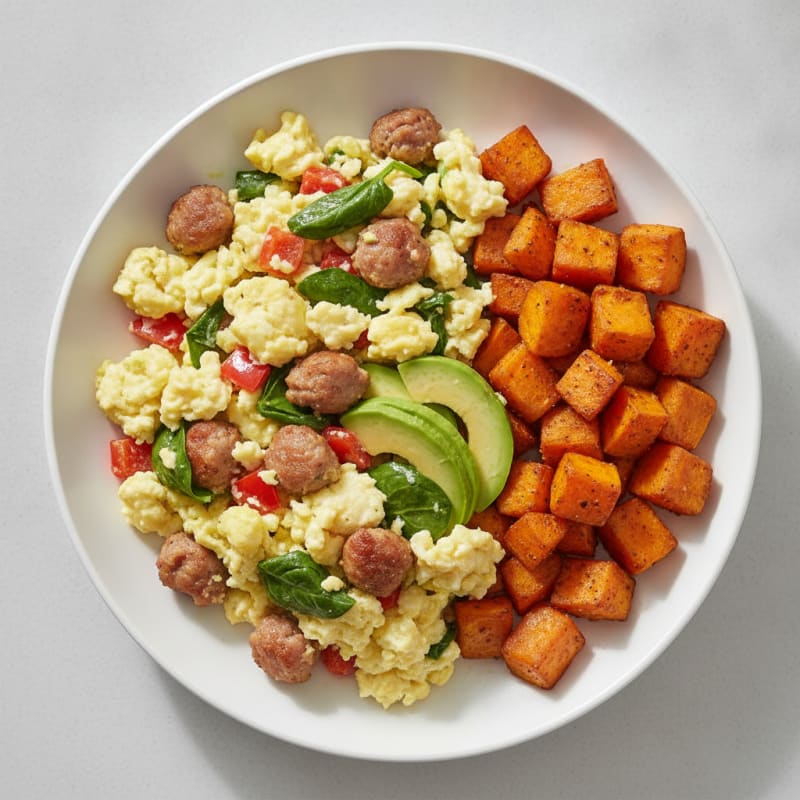 Egg White and Turkey Sausage Scramble with Roasted Sweet Potatoes
