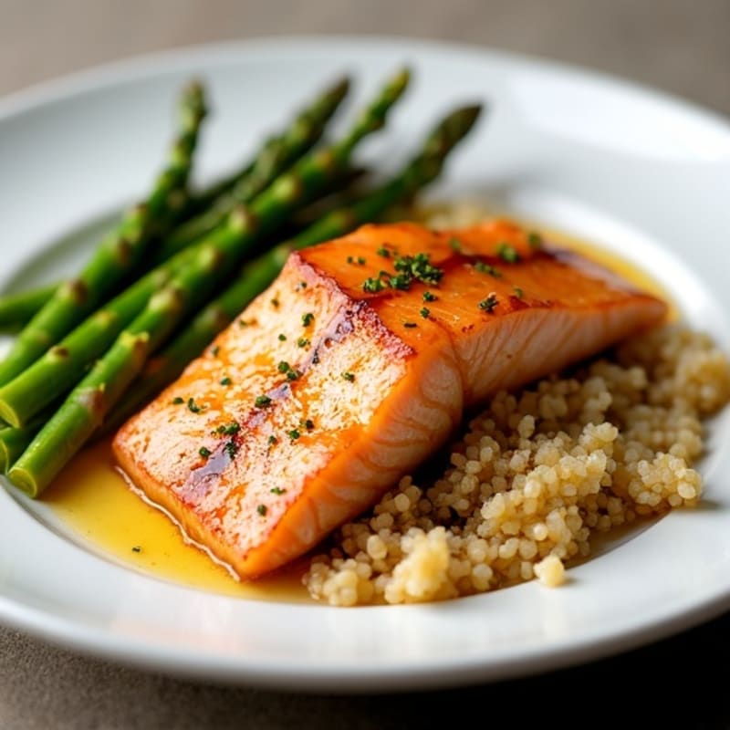 Flaky Maple-Dijon Salmon with Crispy Roasted Asparagus and Quinoa