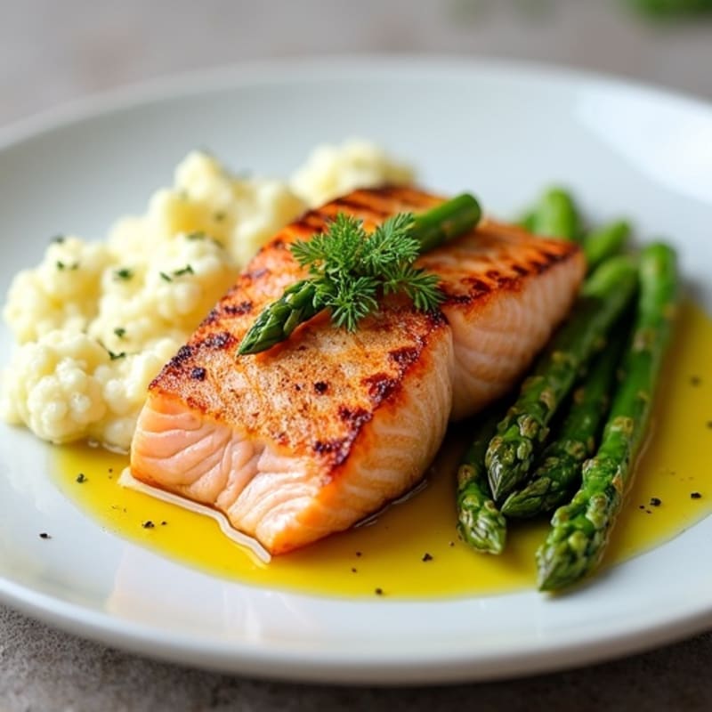 Seared Salmon with Steamed Asparagus and Garlic Cauliflower Mash