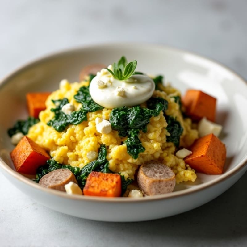 Egg White Scramble with Spinach, Turkey Sausage and Roasted Sweet Potato