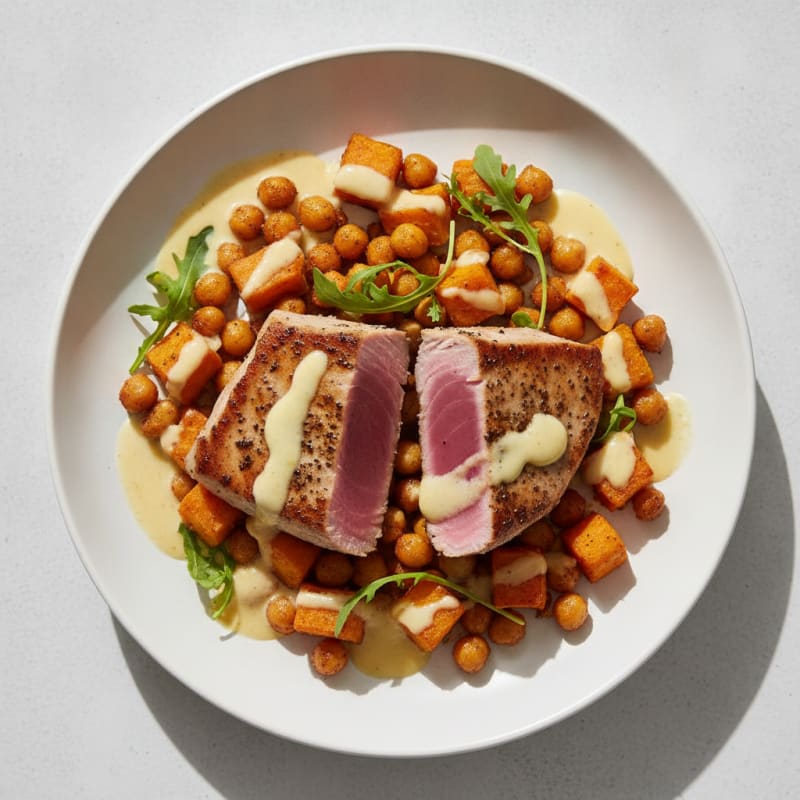 Seared Tuna with Roasted Sweet Potatoes and Chickpeas