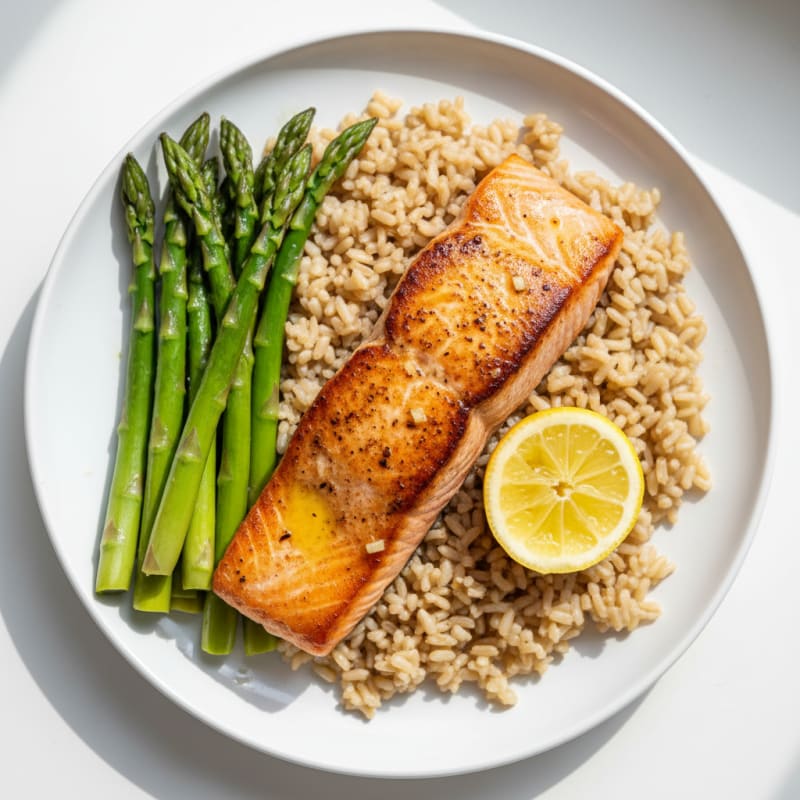 Seared Salmon with Steamed Asparagus and Brown Rice