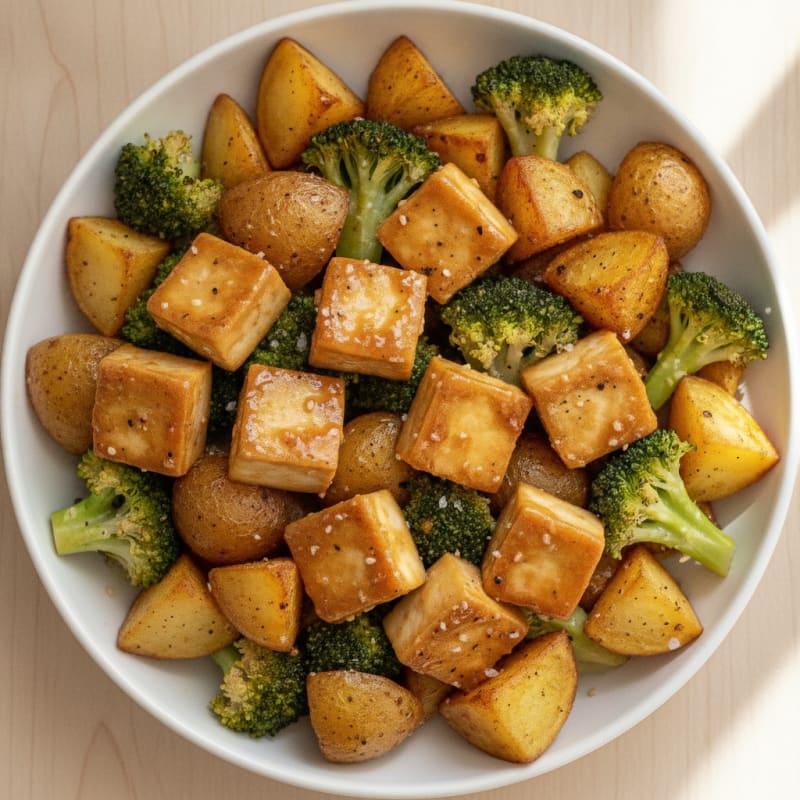 Honey-Garlic Tofu with Roasted Broccoli and Potatoes