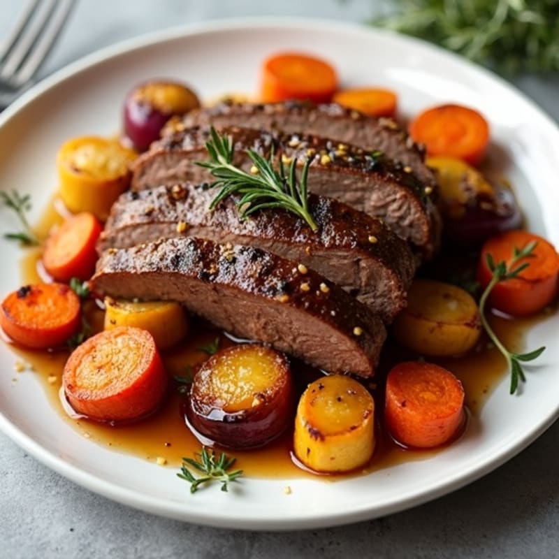 Tender Slow-Cooked Smoky Brisket with Herb-Roasted Root Vegetables