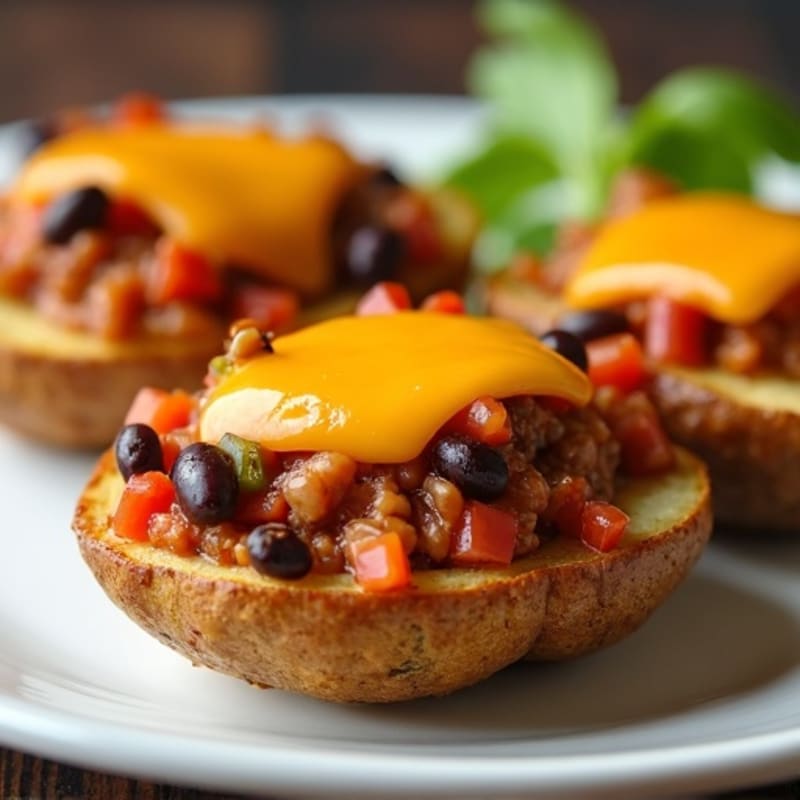 Crispy Baked Potato Skins with Lean Turkey Chili and Melted Cheddar