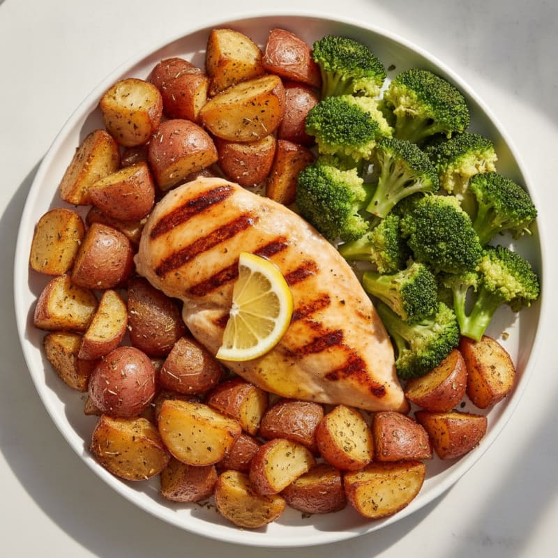 Grilled Chicken Breast with Roasted Potatoes and Steamed Broccoli